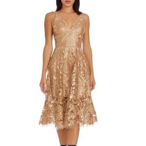 Dress the Population Blair Dress Gold Nude Metallic Lace Sequin Party Large
